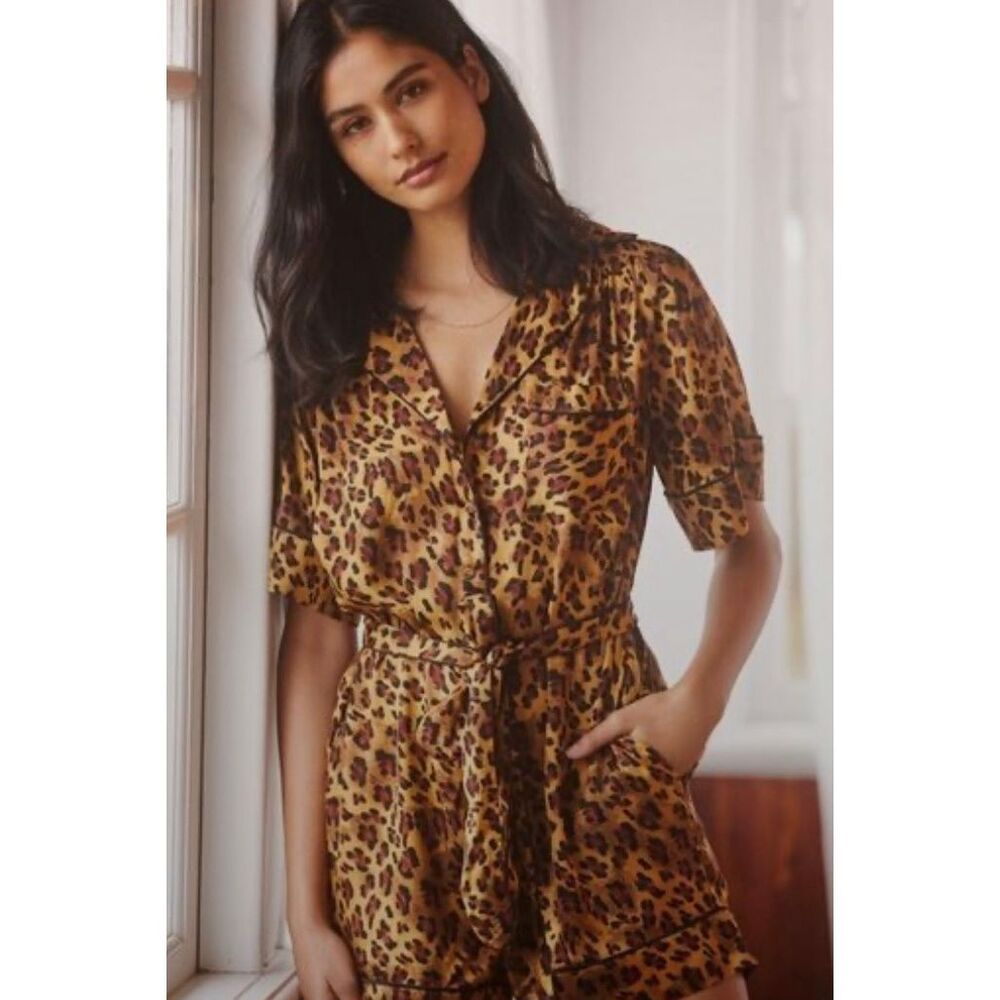 By Anthropology Medium silky leopard romper sleepwear pajama lounge